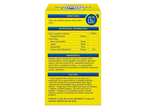 MacuShield Original+ capsules back packaging with ingredients, directions & nutrition on white background