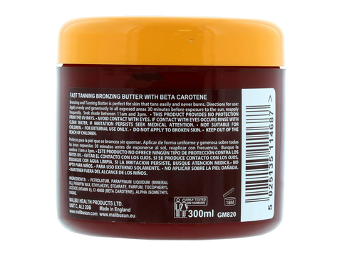 Malibu Bronzing Body Butter with Beta Carotene No SPF 300ml back label showing product information how to use and barcode
