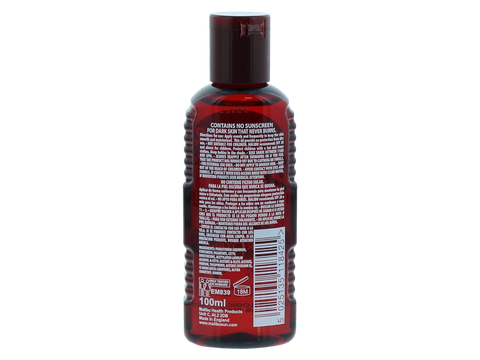 Malibu Fast Tanning Oil with Beta Carotene 100ml back label showing product information how to use and barcode