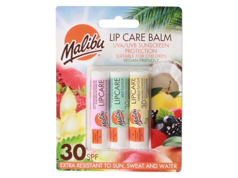 Malibu Lip Care Blister Pack x3 Watermelon Mint and Vanilla front view blister packaging