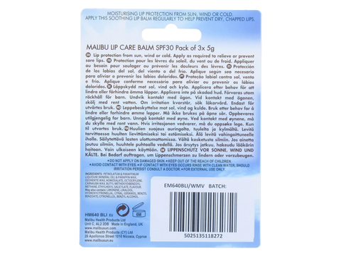 Malibu Lip Care Blister Pack x3 Watermelon Mint and Vanilla back of pack showing product information how to use and barcode