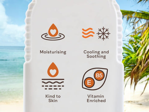 Malibu Moisturising After Sun Care Spray with Aloe Vera and Vitamins 100ml key benefits and application instructions graphic