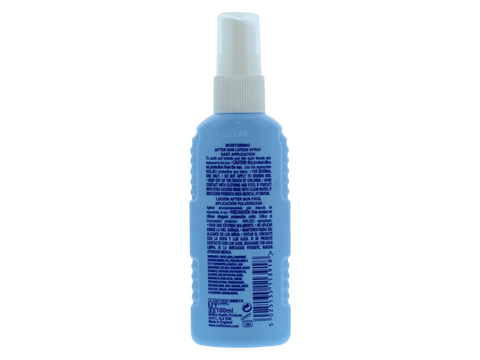 Malibu Moisturising After Sun Care Spray with Aloe Vera and Vitamins 100ml back label showing product information how to use and barcode