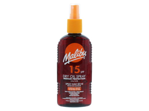 Malibu SPF15 Dry Oil Spray 200ml front view bottle packaging