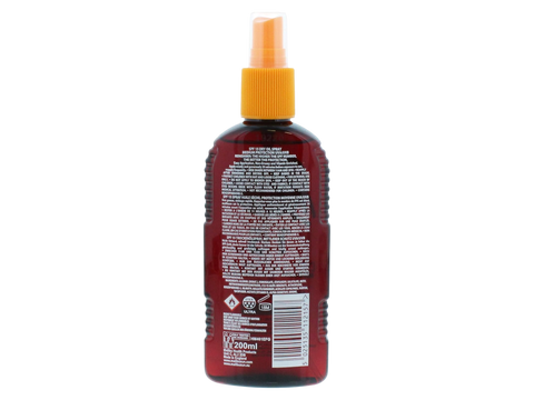 Malibu SPF15 Dry Oil Spray 200ml back label showing product information how to use and barcode