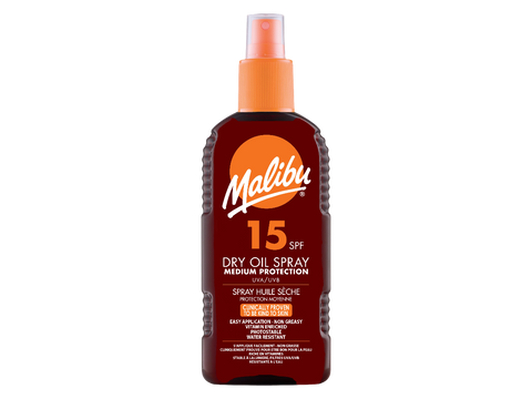 Malibu SPF15 Dry Oil Spray 200ml front view bottle packaging