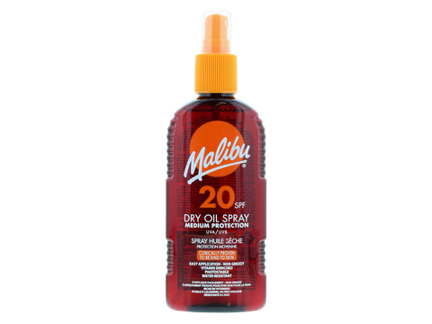 Malibu SPF20 Dry Oil Spray 200ml front view bottle packaging