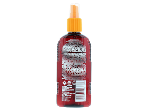 Malibu SPF20 Dry Oil Spray 200ml back label showing product information how to use and barcode