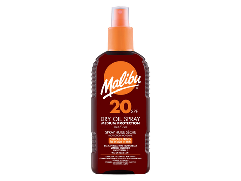 Malibu SPF20 Dry Oil Spray 200ml front view bottle packaging