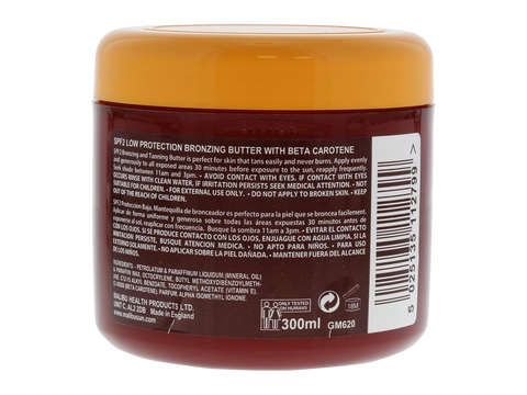 Malibu SPF 2 Bronzing Body Butter with Beta Carotene and Vitamin E 300ml back label showing product information how to use and barcode