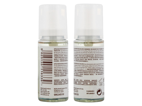 Malibu SPF30 Clear Hair and Scalp Protector 50ml back label showing product information how to use and barcode
