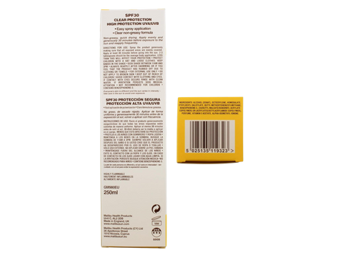 Malibu SPF30 Clear Protection Spray 250ml back label showing product information how to use and barcode