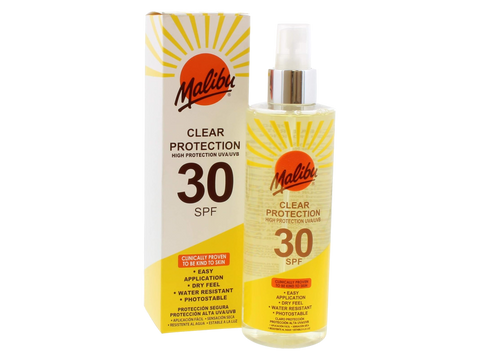 Malibu SPF30 Clear Protection Spray 250ml front view bottle & box packaging