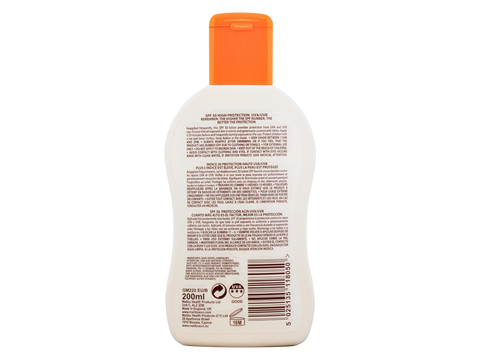Malibu SPF 30 Lotion Protection Non Titanium 200ml back label showing product information how to use and barcode