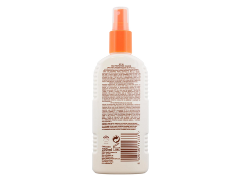Malibu SPF30 Lotion Spray 200ml back label showing product information how to use and barcode