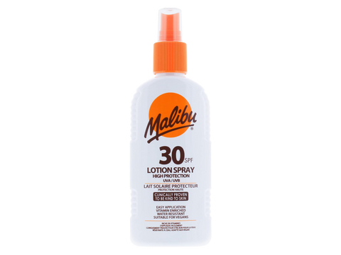 Malibu SPF30 Lotion Spray 200ml front view bottle packaging