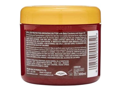 Malibu SPF4 Bronzing Butter with Carotene and Argan Oil 300ml back label showing product information how to use and barcode