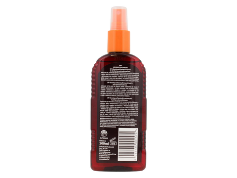 Malibu SPF 4 Bronzing Oil Spray with Monoi Oil 200ml back label showing product information how to use and barcode