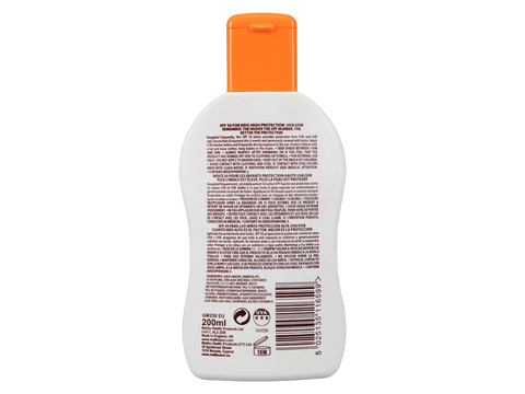 Malibu SPF50 Kids Lotion Protection 200ml back label showing product information how to use and barcode