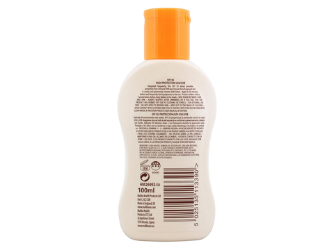 Malibu SPF50 Lotion Protection 100ml back label showing product information how to use and barcode
