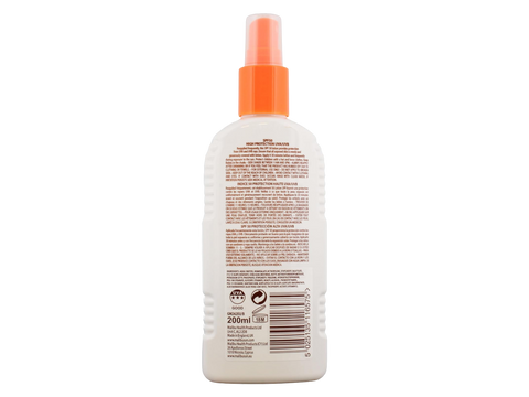 Malibu SPF 50 Sunscreen Lotion Spray with Shea Butter 200ml back label showing product information how to use and barcode