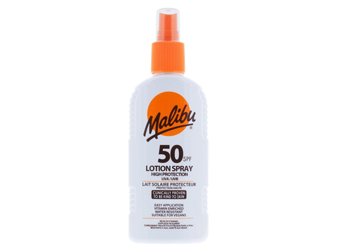 Malibu SPF 50 Sunscreen Lotion Spray with Shea Butter 200ml front view bottle packaging