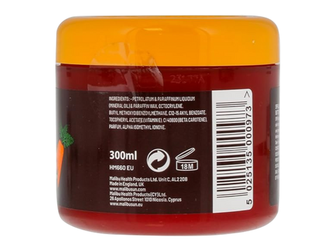 Malibu SPF 6 Bronzing Body Butter with Beta Carotene and Vitamin E 300ml back label showing product information how to use and barcode