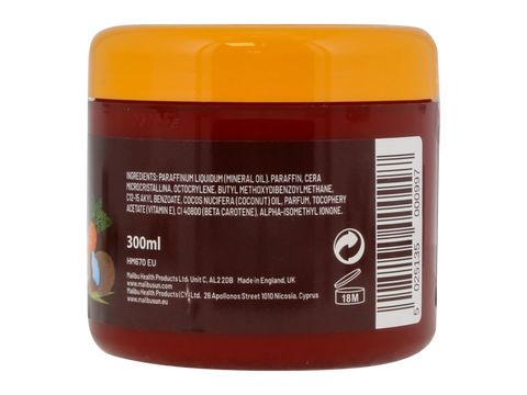 Malibu SPF 8 Bronzing Body Butter with Beta Carotene and Coconut Oil 300ml back label showing product information how to use and barcode