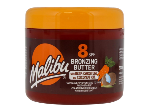 Malibu SPF 8 Bronzing Body Butter with Beta Carotene and Coconut Oil 300ml front view tub packaging