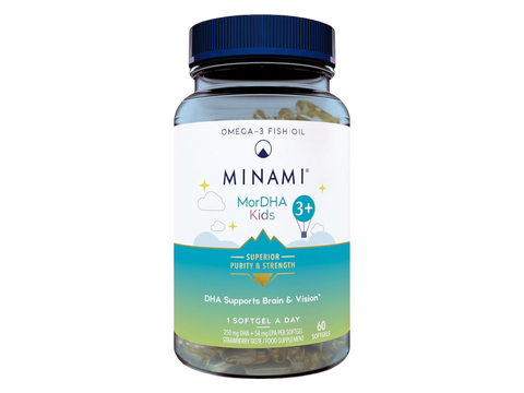 Minami MorDHA Kids 3+ strawberry flavored omega-3 softgels bottle, 60 count for children.