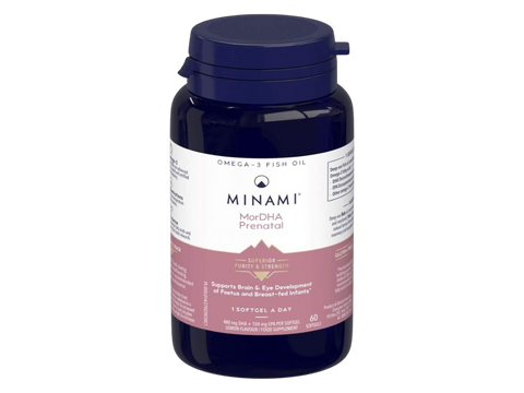 Minami MorDHA Prenatal Omega-3 softgels bottle, showing lemon flavor and 480mg DHA.