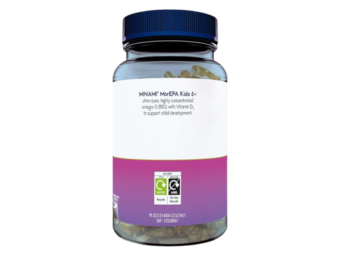 Supplement facts label for Minami Kids MorEPA with EPA, DHA, and Vitamin D3.