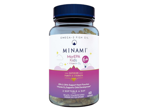 Minami MorEPA Kids 6+ strawberry flavored omega-3 and vitamin D3 softgels, 60 count bottle.