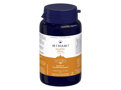 Minami MorEPA Move Plus supplement bottle with Omega-3 and Curcumin Meriva®, 60 softgels.