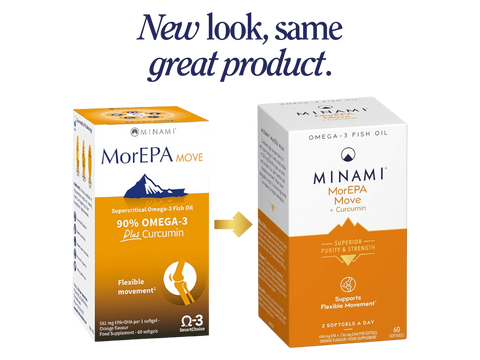 Minami MorEPA Move Plus – Omega-3 & Curcumin Meriva® – 60 Softgels. Old & new packaging