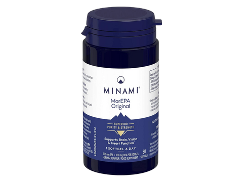 Minami MorEPA Original high-strength omega-3 fish oil softgels bottle, 30 count.