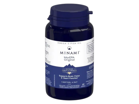Minami MorEPA Original high-strength omega-3 fish oil softgels bottle, 60 count.