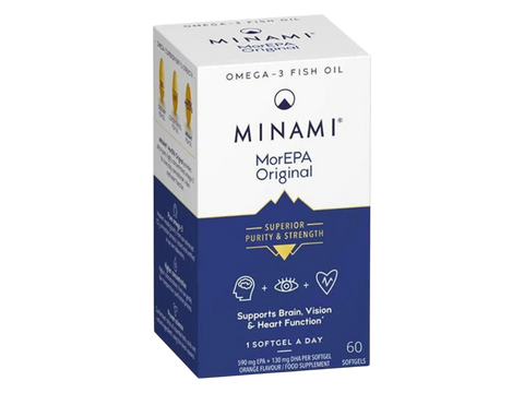 Minami MorEPA Original high-strength omega-3 fish oil softgels box, 60 count.