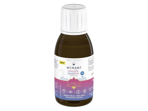 Minami DHA+EPA Liquid for Kids with Vitamin D3, 100ml bottle, natural berry and orange flavor.