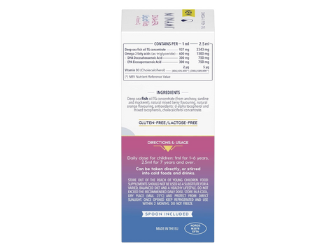 Nutritional information and dosage for Minami Kids Omega-3 Liquid supplement.