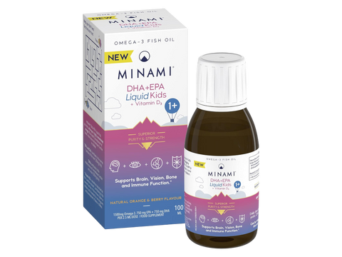Minami DHA+EPA Liquid for Kids with Vitamin D3, 100ml bottle and box, natural berry and orange flavor.