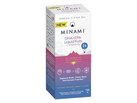 Minami DHA+EPA Liquid for Kids with Vitamin D3, 100ml box, natural berry and orange flavor.