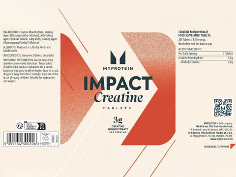Back of Myprotein creatine tablets showing supplement facts, ingredients and barcode.