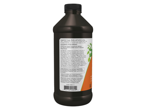 NOW Foods Acai Liquid Concentrate 35000 mg Fresh Fruit Equivalent 473 mL suggested usage directions and product barcode