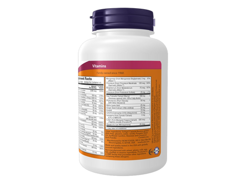 NOW Foods Adam Men's Multivitamin Softgels with Saw Palmetto and CoQ10 90 Softgels Supplement Facts label with vitamin mineral and herbal blend details