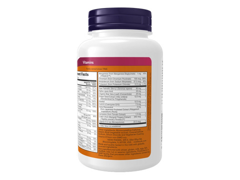 NOW Foods Adam Men's Multivitamin Tablets with Saw Palmetto and Lycopene 60 Tablets Supplement Facts label with vitamin mineral and herbal blend details