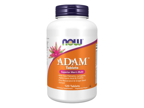 NOW Foods Adam Men's Multivitamin Tablets with Saw Palmetto and Lycopene 120 Tablets front bottle view
