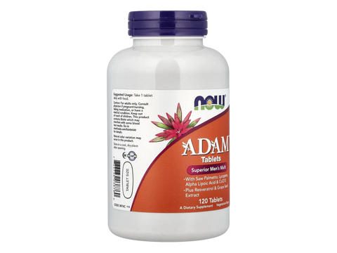 NOW Foods Adam Men's Multivitamin Tablets with Saw Palmetto and Lycopene 120 Tablets suggested usage directions and product barcode