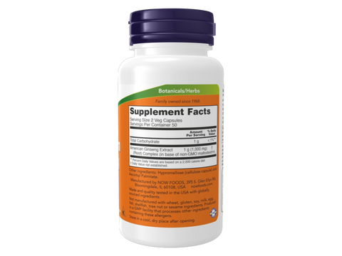 NOW Foods American Ginseng Extract 500 mg Herbal Supplement 100 Vegan Capsules Supplement Facts label with herbal extract details