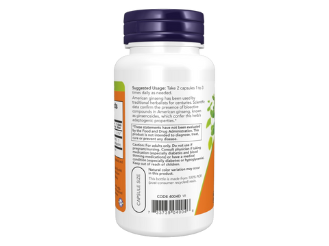 NOW Foods American Ginseng Extract 500 mg Herbal Supplement 100 Vegan Capsules suggested usage directions and product barcode